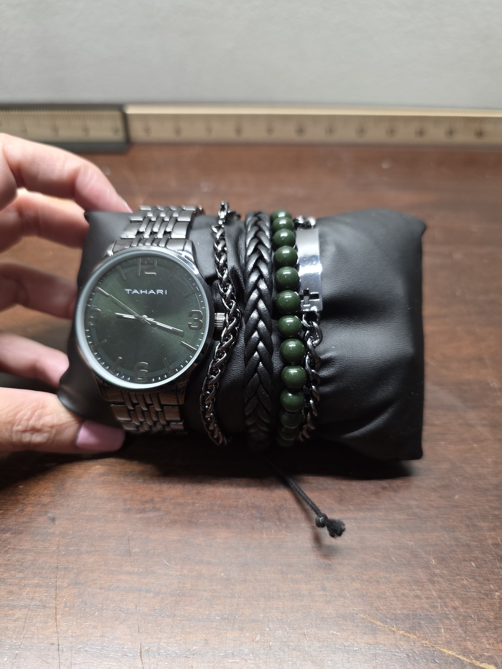 Tahari Silver Watch with Dark Green Dial and Black Bracelet Stack